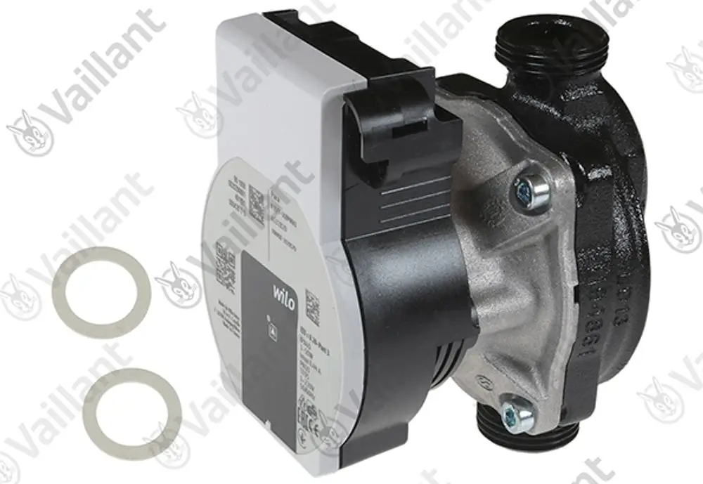 Vaillant Pumpe mit schwarzem Gehäuse und grauem Motorblock, inkl. zwei Dichtungsringen. Anwendungsbereich nicht ersichtlich.